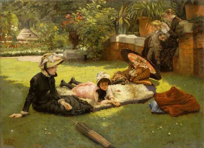 Framed Print : In Full Sunlight (En plein soleil), by James Tissot, 1881, French realist, impressionistic, oil painting. In Tissots garden in St. Johns Wood, London Framed Print : In Full Sunlight (En plein soleil), by James Tissot, 1881, French realist, impressionistic, oil painting. In Tissots garden in St. Johns Wood, London