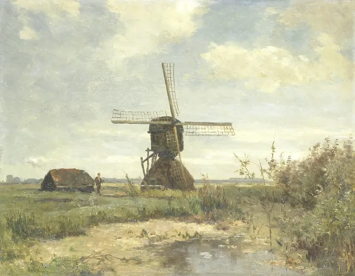 Framed Print : Sunny Day, a Mill to a Waterway, by Paul Gabriel, c. 1860-1903, Dutch painting, oil on panel. Nearby is a man with a fishing rod beside a shed (BSLOC_2016_2_30)