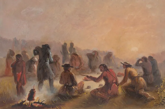 Framed Print : SUNRISE, VOYAGEURS AT BREAKFAST, ca. 1837-38, by Alfred Jacob Miller, watercolor painting, on paper Framed Print : SUNRISE, VOYAGEURS AT BREAKFAST, ca. 1837-38, by Alfred Jacob Miller, watercolor painting, on paper