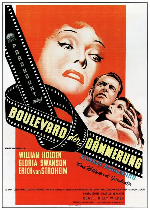 Framed Print : SUNSET BOULEVARD, (aka BOULEVARD DER DAMMERUNG), from left: Gloria Swanson, William Holden, Nancy Olson on German poster art, 1950 Framed Print : SUNSET BOULEVARD, (aka BOULEVARD DER DAMMERUNG), from left: Gloria Swanson, William Holden, Nancy Olson on German poster art, 1950
