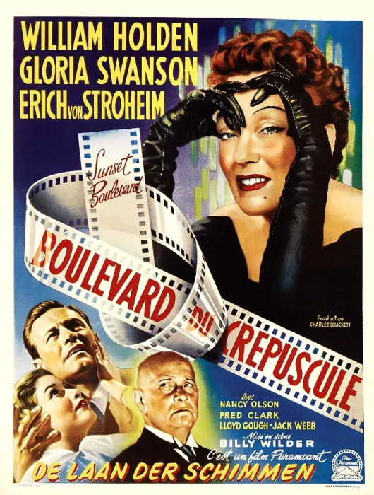 Framed Print : SUNSET BOULEVARD, (aka BOULEVARD DU CREPUSCULE), top right: Gloria Swanson, bottom from left: Nancy Olson, William Holden, Erich von Stroheim on French poster art, 1950