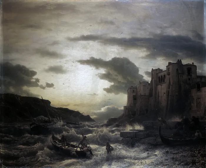 Framed Print : The sunset on a headland in Porto Venere in the gulf in Spezia, by Andreas Achenbach, 1853, 19th Century, oil on canvas - Italy, Lombardy, Milan