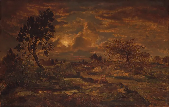 Framed Print : SUNSET NEAR ARBONNE, by Theodore Rousseau, 1860-65, French painting, oil on wood. Painted in warm colors, the varied textures in the rough landscape give the painting vitality