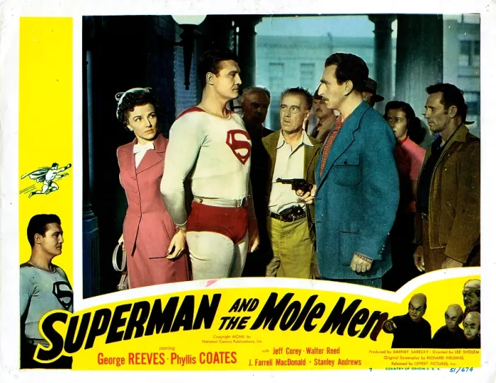 Framed Print : SUPERMAN AND THE MOLE MEN, US lobbycard, from left: Phyllis Coates, George Reeves, Jeff Corey, 1951
