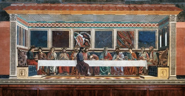 Framed Print : The Last Supper, by Andrea di Bartolo di Simone known as Andrea del Castagno, 1447 - 1450 about, 15th Century, fresco, - Italy, Tuscany, Florence, former Santa Apollonia Convent