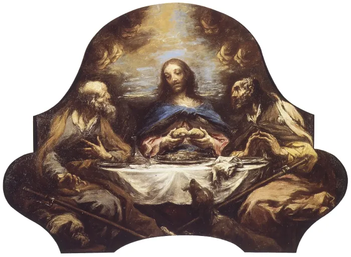 Framed Print : Supper at Emmaus, by Alessandro Magnasco known as Lissandrino, 18th century, oil on shaped canvas. - Italy, Liguria, Genoa, Convent of St. Francis of Albaro. Whole artwork view