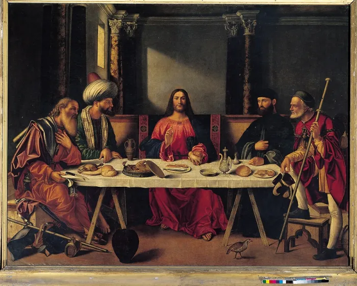 Framed Print : Supper at Emmaus, by Giovanni Bellini, 1513 ante, 15th Century, panel, - Italy, Veneto, Venice, San Salvador Church. All