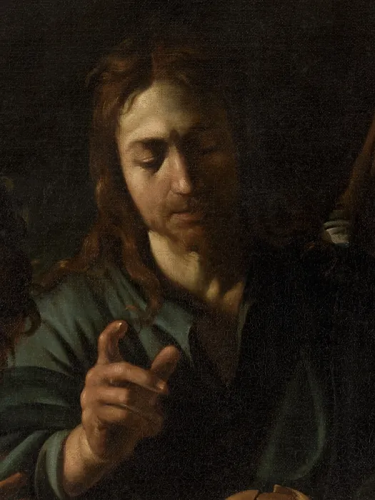 Framed Print : The Supper at Emmaus, by Michelangelo Merisi known as Caravaggio, 1606 about, 17th Century, oil on canvas, cm 141 x 175 - Italy, Lombardy, Milan, Brera Art Gallery. Detail