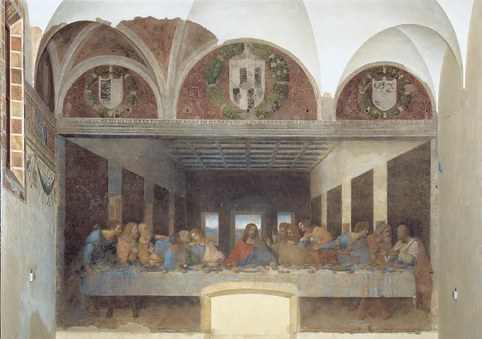 Framed Print : The Last Supper, by Leonardo da Vinci, 1495 - 1497 about, 15th Century, tempera and oil on two layers of plaster, cm 460 x 880 - Italy, Lombardy, Milan, Credito Artigiano. All