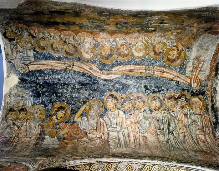 Framed Print : Last Supper, by Unknown Artist, 10th - 11th Century, fresco - Italy, Puglia, Otranto, Church of Saint Peter. Whole artwork view. Fresco with last supper and washing of the feet