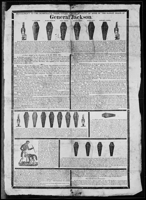 Framed Print : Supplement to the Democratic press, giving a brief account of some of the bloody deeds of General Jackson [Cuts of coffins] [1828]. Anti Andrew Jackson broadside