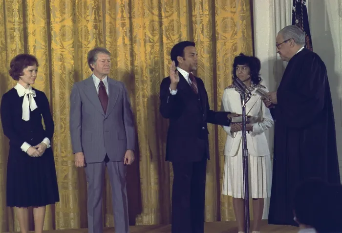 Framed Print : Supreme Court Justice Thurgood Marshall swears in former Georgia Representative Andrew Young as the first African American to serve as United States Ambassador to the United Framed Print : Supreme Court Justice Thurgood Marshall swears in former Georgia Representative Andrew Young as the first African American to serve as United States Ambassador to the United