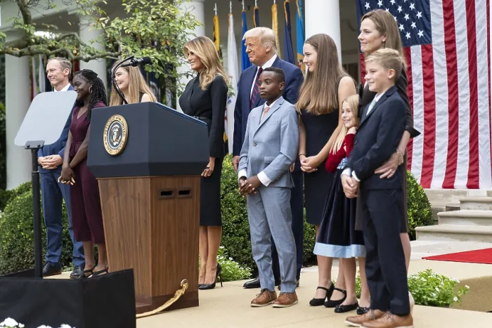 Framed Print : US Supreme Court nominee, Judge Amy Coney Barrett, on stage with President Trump, her husband, and 6 of their 7 children, Sept. 26, 2020