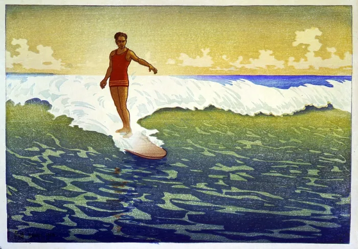 Framed Print : Surf rider, Honolulu, 1921. Woodcut by Charles William Bartlett