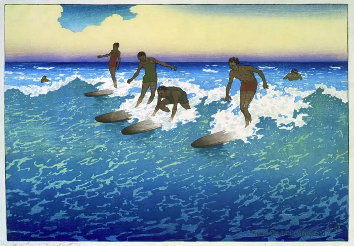 Framed Print : Surf riders, Honolulu, 1921. Woodcut by Charles William Bartlett