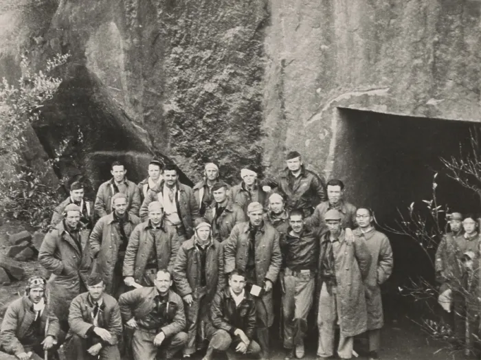 Framed Print : Survivors of General Jimmy Doolittle's Tokyo Raiders outside a shelter carved from a mountainside somewhere in China. 1943 Framed Print : Survivors of General Jimmy Doolittle's Tokyo Raiders outside a shelter carved from a mountainside somewhere in China. 1943