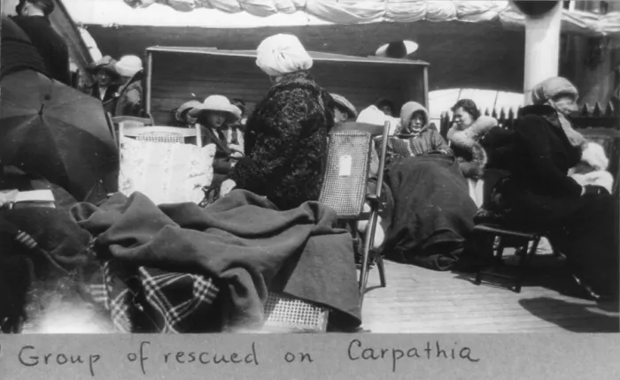 Framed Print : Survivors of the Titanic disaster aboard the Carpathia after being rescued, 1912