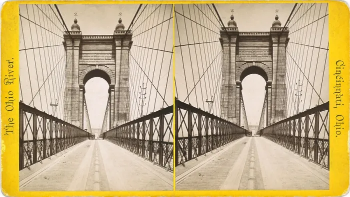 Framed Print : Suspension bridge spanning the Ohio River at Cincinnati was engineered and built by John A. Roebling. When it opened in 1866 it was the World's longest bridge