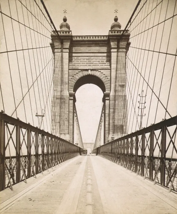 Framed Print : Suspension Bridge spanning the Ohio River at Cincinnati was engineered and built by John A. Roebling. Opened in 1866 it was then the World's longest bridge Framed Print : Suspension Bridge spanning the Ohio River at Cincinnati was engineered and built by John A. Roebling. Opened in 1866 it was then the World's longest bridge