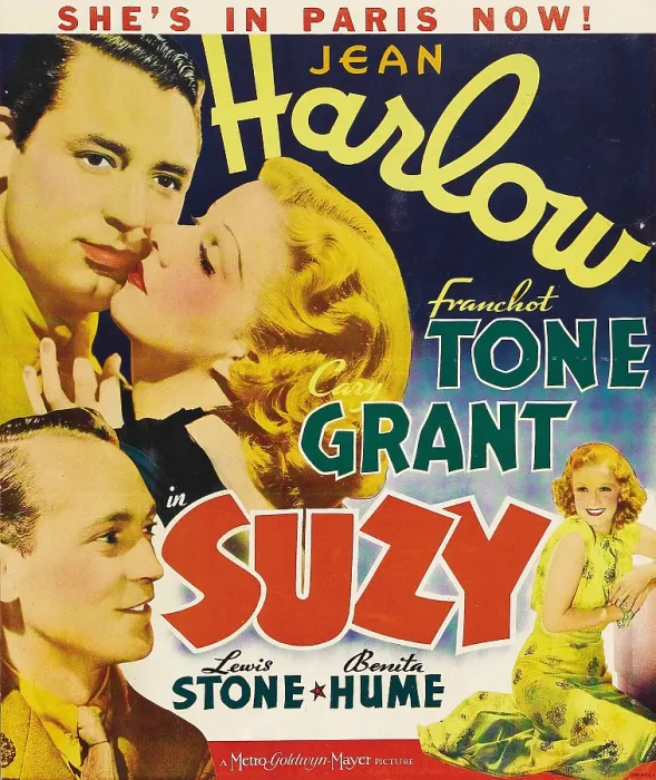Framed Print : SUZY, left from top: Franchot Tone, Jean Harlow, Lewis Stone, right: Benita Hume on window card, 1936