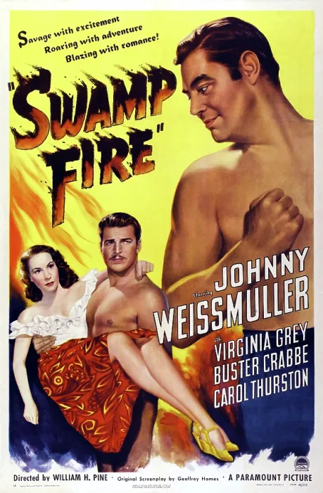 Framed Print : SWAMP FIRE, US poster, from left: Carol Thurston, Buster Crabbe, Johnny Weissmuller, 1946