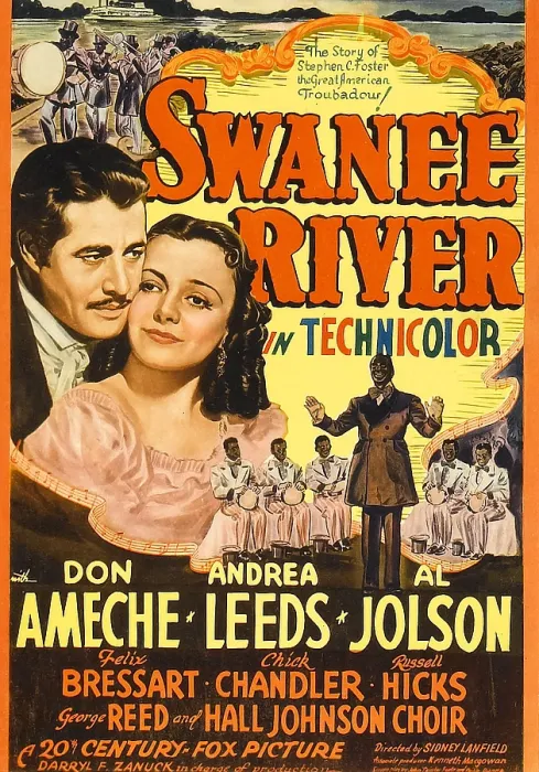Framed Print : SWANEE RIVER, from left: Don Ameche, Andrea Leeds, Al Jolson on midget window card, 1939, TM and Copyright 20th Century Fox Film Corp