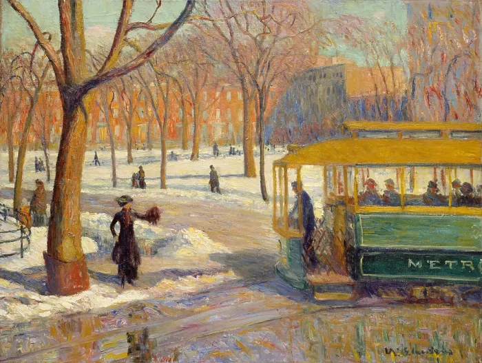 Framed Print : SWANS IN CENTRAL PARK, by George Bellows, 1906 American painting, oil on canvas. Children are feeding the tame swans in a pond of Central Park