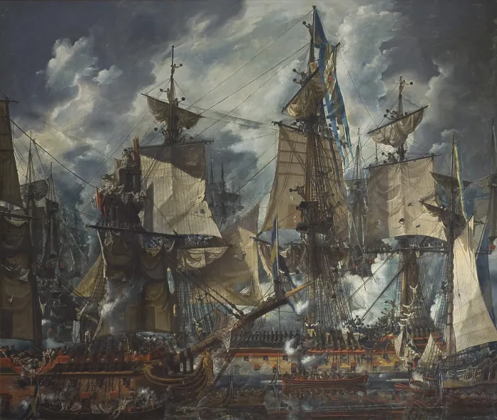 Framed Print : The Swedish command ship Gustaf III in the Battle of Hogland, July 17, 1788, by Louis Jean Desprez, 1794, French painting, oil on canvas