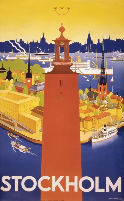 Framed Print : Swedish travel poster shows Stockholm's city hall and a bird's eye view of the harbor with ocean liners. 1936. (BSLOC_2013_8_199)
