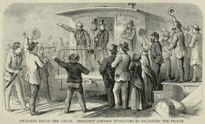 Framed Print : Swing Around the Circle was the name of President Johnson's three week, 2, 000 mile campaign trip, to promote his pro-Southern policies in 1866 Framed Print : Swing Around the Circle was the name of President Johnson's three week, 2, 000 mile campaign trip, to promote his pro-Southern policies in 1866