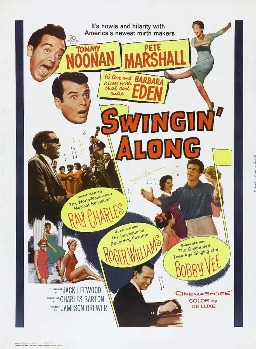 Framed Print : SWINGIN ALONG, US poster art, clockwise from top left: Tommy Noonan, Peter Marshall, Barbara Eden, Bobby Vee, Roger Williams, Ray Charles, 1961