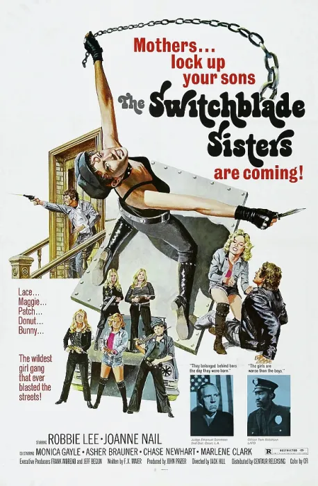 Framed Print : SWITCHBLADE SISTERS, (aka The Jezebels), US poster, Monica Gayle (front left), Robbie Lee (top), 1975 Framed Print : SWITCHBLADE SISTERS, (aka The Jezebels), US poster, Monica Gayle (front left), Robbie Lee (top), 1975