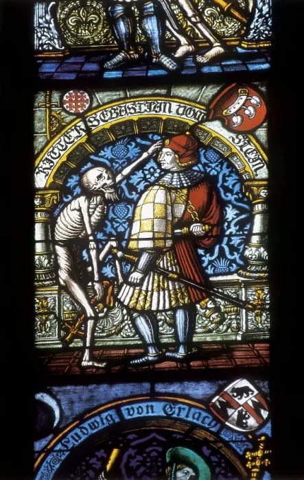 Framed Print : SWITZERLAND. Bern. Cathedral of St. Vincent. Glass windows (1421). Detail with a Knight and the Death. Gothic art. Glass window. AISA / Everett Collection (27564)**US SALES ONLY**