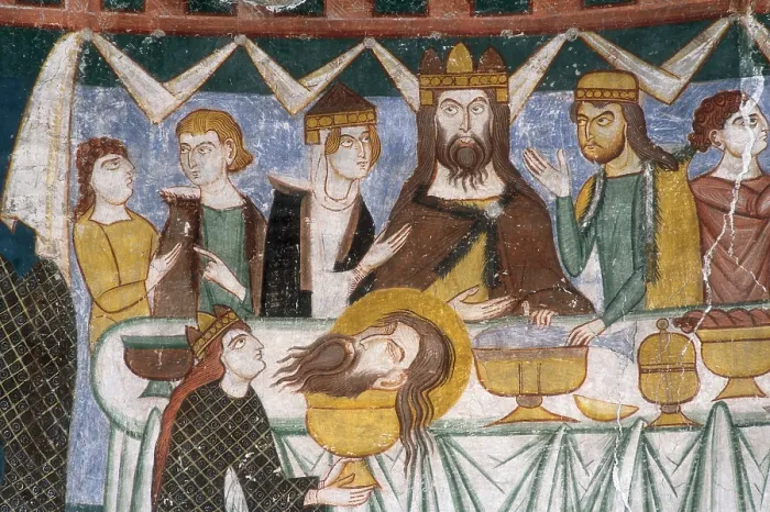 Framed Print : SWITZERLAND. Mustair. Convent of St. John. Dinner of Herod Antipas with dancing Salome. Detail. Wall decoration of the eastern central apse. 12th c. Romanesque art. Fresco