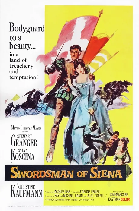 Framed Print : SWORDSMAN OF SIENA, (aka LA CONGIURA DEI DIECI), US poster art, from left: Stewart Granger, Sylva Koscina, 1962