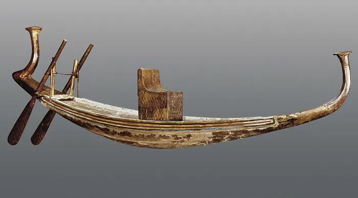 Framed Print : Symbolic ship for the Reappearance of the Pharaoh. 1323 BC. Tutankhamun's Treasure. Funerary ship. Egyptian art. New Kingdom. Furniture. EGYPT. Cairo. Egyptian Museum
