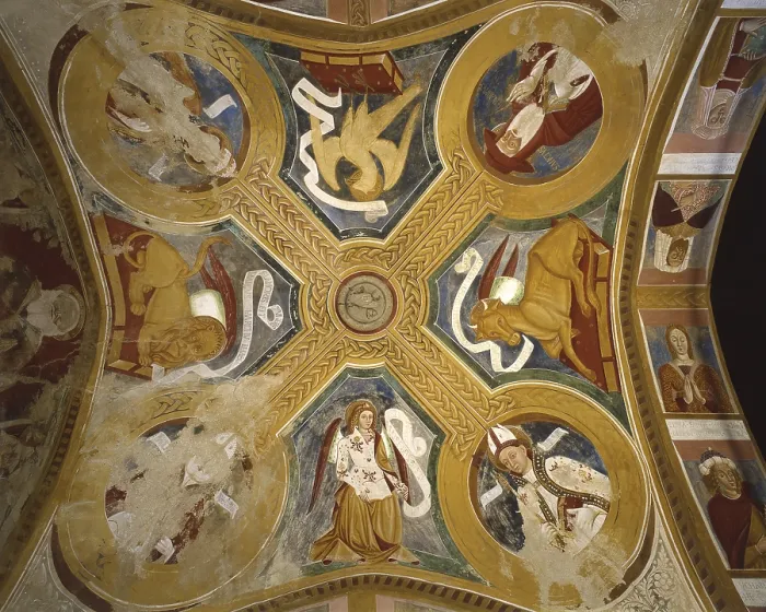Framed Print : Symbols of Evangelists, Saints Ambrose, Gregory the Great, Jerome and Augustine; Prophets and Sybils, 10th - 11th century, fresco - Italy, Lombardy, Varese, Saint Stephan Church