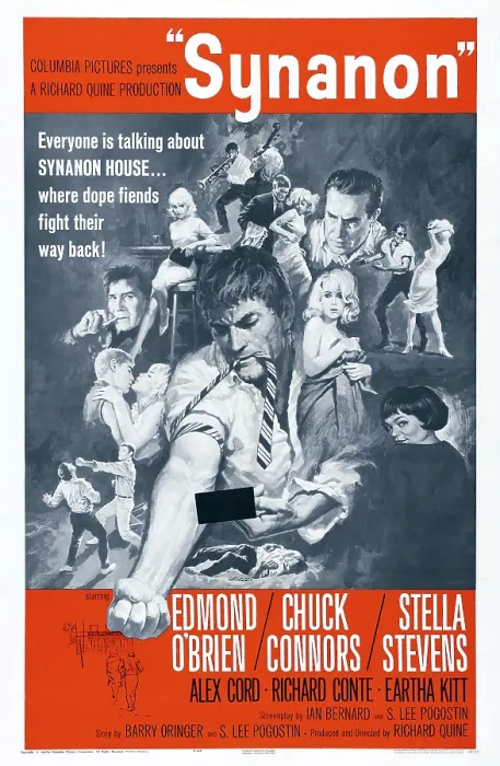 Framed Print : SYNANON, US poster art, Richard Conte (cigarette left), Edmond O'Brien (top head), Alex Cord (arm outstretched), Stella Stevens (bare shoulder), Eartha Kitt (bottom right)