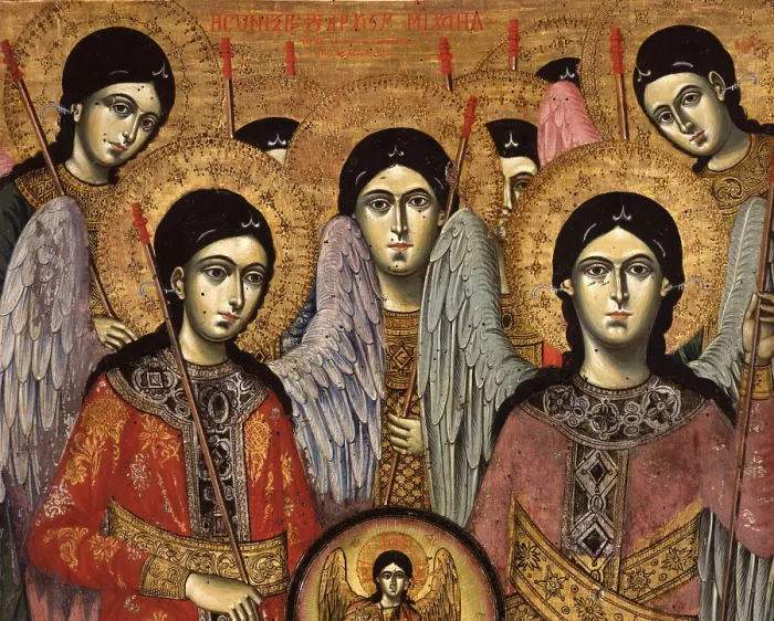 Framed Print : Synaxis of the Archangels, by unknown artist from Myzeqeja, 1786, tempera on wood - Albania, Tirana, Institute of Cultural Monuments. Detail