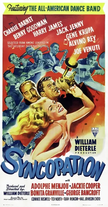 Framed Print : SYNCOPATION, US poster, left from bottom: Alvino Rey, Joe Venuti, Harry James, Jack Jenney, top from left: Benny Goodman, Charlie Barnet, Gene Kripa