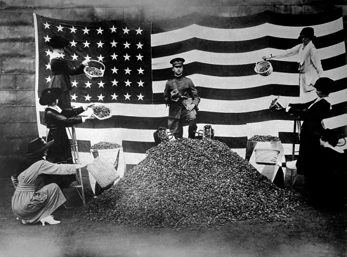 Framed Print : Tableau Women of Boston Women. They are campaigning for peach stones, which are being used by the Government in the production of World War I gas masks. Sept. 23, 1918