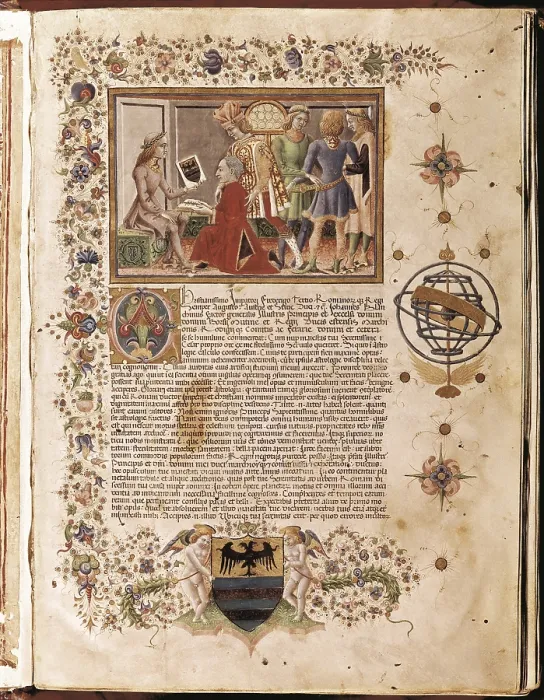 Framed Print : Tabulae Astrologiae. The astronomer Giovanni Bianchini shows his work to emperor Frederick III. Renaissance art. Miniature Painting. ITALY. Ferrara