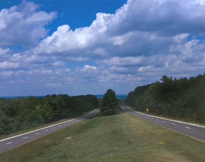 Framed Print : Taconic State Parkway, parkway view at wide median, the highway represents an important development in the evolution of American transportation planning
