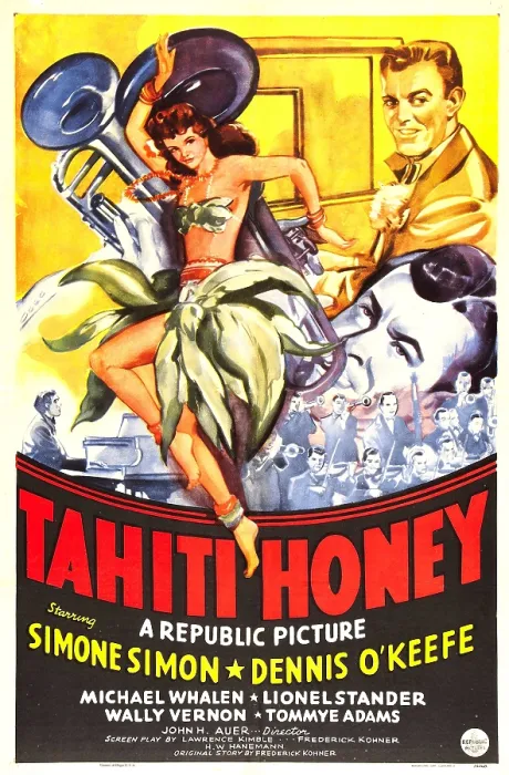 Framed Print : TAHITI HONEY, US poster, from left: Simone Simon, Michael Whalen, Dennis O'Keefe, 1943
