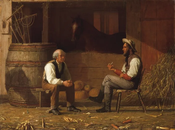 Framed Print : TALKING IT OVER, 1872, by Enoch Wood Perry, American painting, oil on canvas. Two men talk in a horse stable