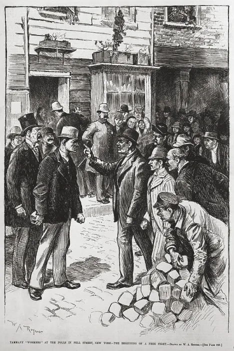 Framed Print : Tammany workers at the polls in Pell Street, New York City, preparing for a fight, Nov. 1889. HARPER'S WEEKLY wood engraving after a drawing by W. A