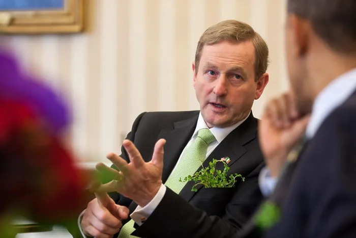 Framed Print : Taoiseach (Prime Minister) Enda Kenny of Ireland with President Barack Obama. Kenny has a sprig of Shamrock in this pocket. White House, Oval Office, March 20, 2012