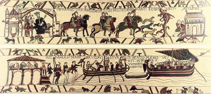 Framed Print : Tapestry of Bayeux. The complete tapestry depicts the Norman invansion of England. Knights of King Edward III (upper part) and naves of Harold II (down). Detail. Fresco. FRANCE
