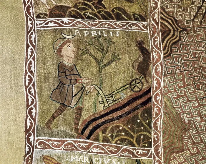 Framed Print : Tapestry of Creation. 1st half 12th c. Left central detail. Depiction of the month of April. Romanesque art. Tapestry. SPAIN. Gerona. Cathedral's Treasure-Capitular Museum Framed Print : Tapestry of Creation. 1st half 12th c. Left central detail. Depiction of the month of April. Romanesque art. Tapestry. SPAIN. Gerona. Cathedral's Treasure-Capitular Museum