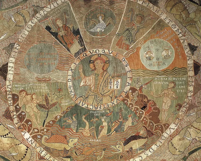 Framed Print : Tapestry of Creation. 1st half 12th c. Central detail. Creation of the heaven, earth and animal and vegetal life. Romanesque art. Tapestry. SPAIN. Gerona